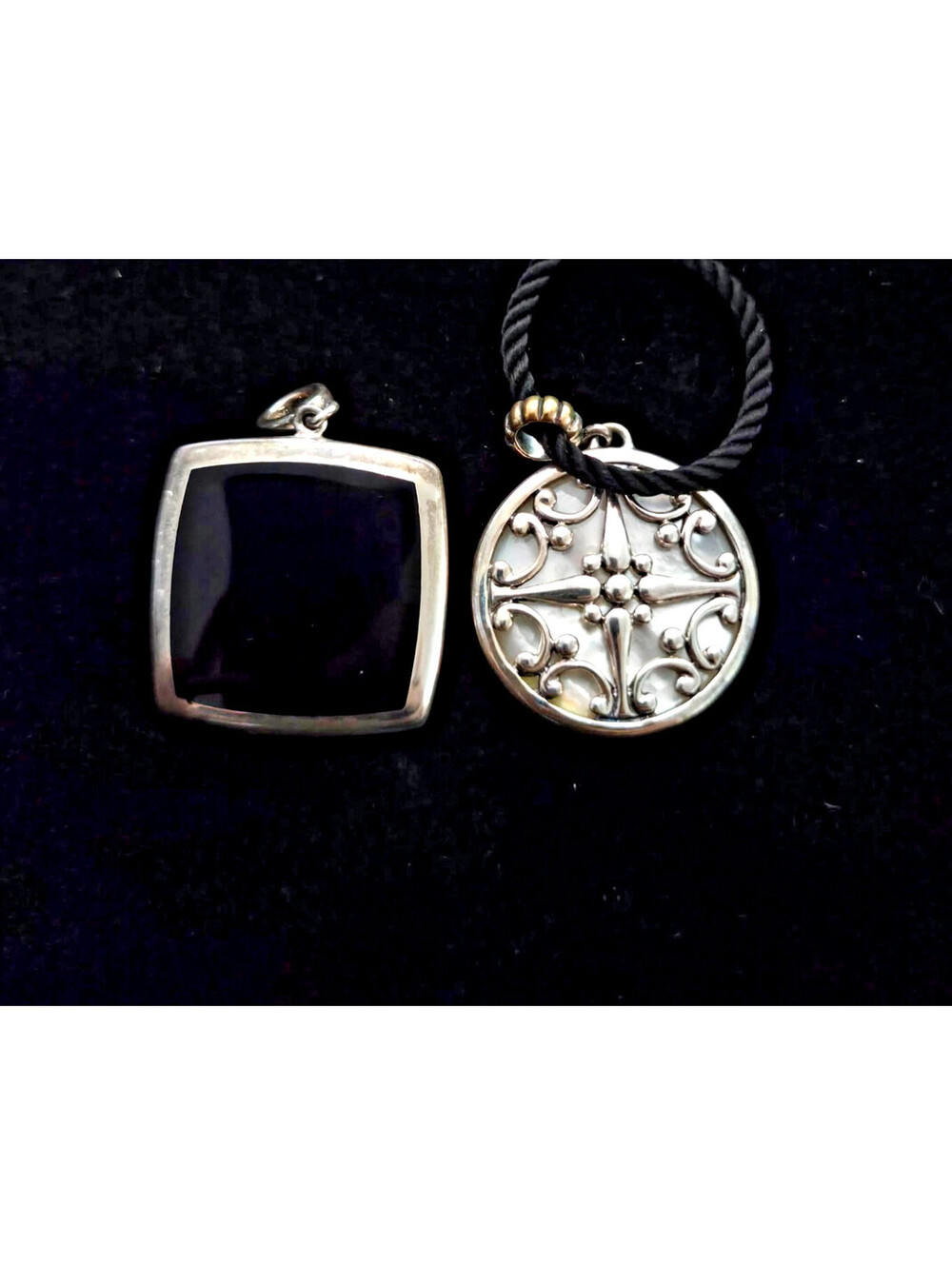 925 Sterling Silver Mother of Pearl 2 Pendant Set Adjustable Cord Vintage